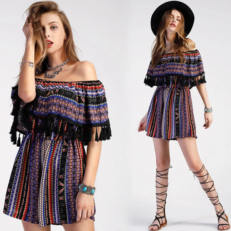 Tribal Mandala Print Off Shoulder with Tassel Ruffle Dress