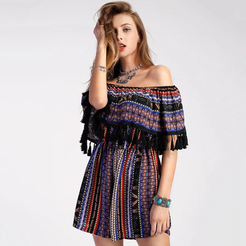 Tribal Mandala Print Off Shoulder with Tassel Ruffle Dress