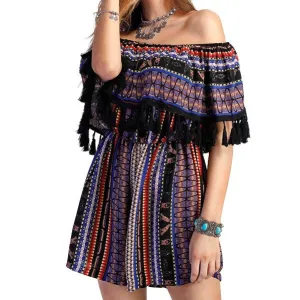 Tribal Mandala Print Off Shoulder with Tassel Ruffle Dress