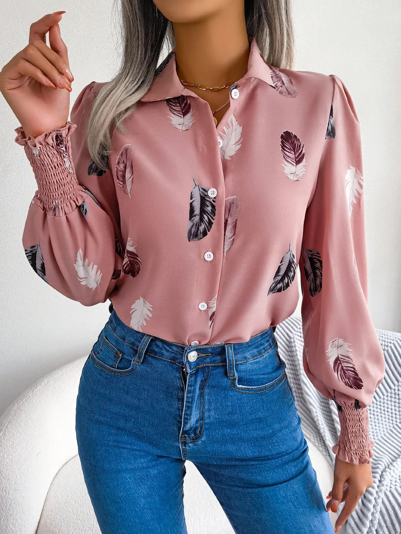 Turn Casual Sleeve Women's Front Down Feather Print Button Collar Lantern Blouse