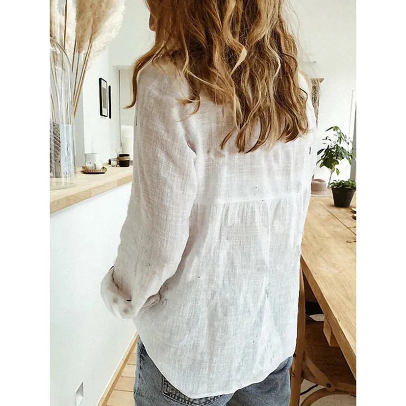 White Autumn Fashion Plus Size Cotton Linen Casual Long Sleeve Blouse with Turn-down Collar and Button Up Detail