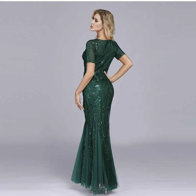 Women Maxi Sequin Bridesmaid Prom Dresses O Neck Half sleeve Party Dress