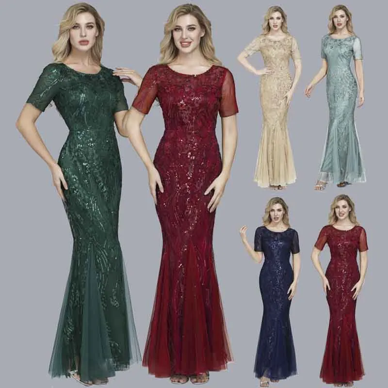 Women Maxi Sequin Bridesmaid Prom Dresses O Neck Half sleeve Party Dress