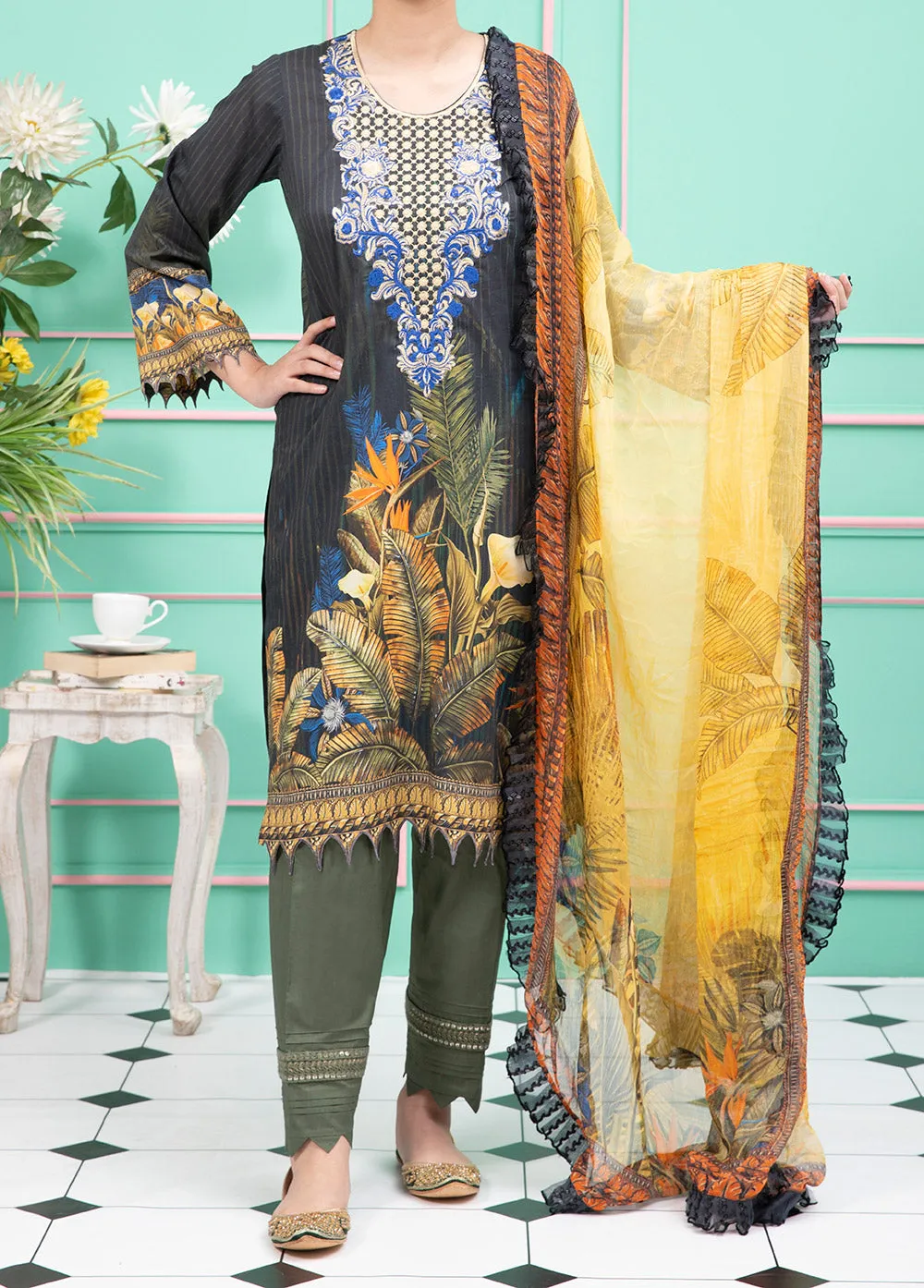 Women "ARNALL" 3 Piece Unstitched Embroidery Lawn Suit with Chiffon Dupatta